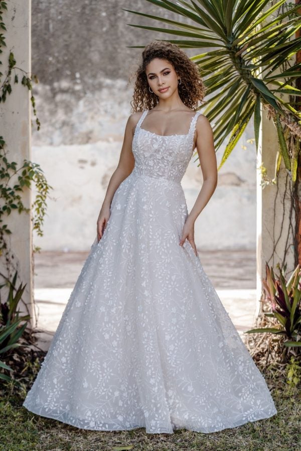 Square Neckline Ball Gown Wedding Dress With Dimensional Applique by Allure Bridals - Image 1