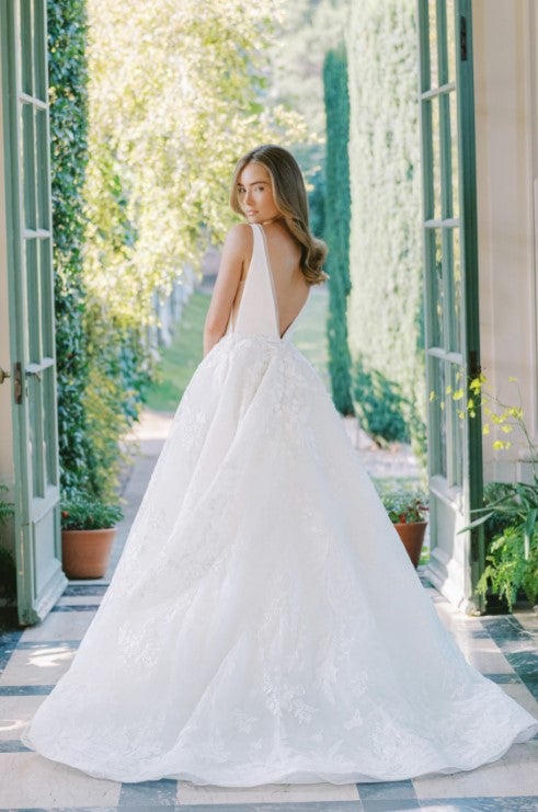 Satin V-neck Ball Gown Wedding Dress With Floral Lace Skirt by Anne Barge - Image 2