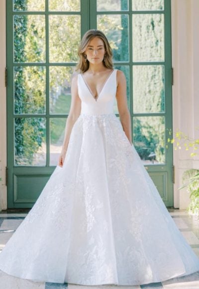 Satin V-neck Ball Gown Wedding Dress With Floral Lace Skirt by Anne Barge