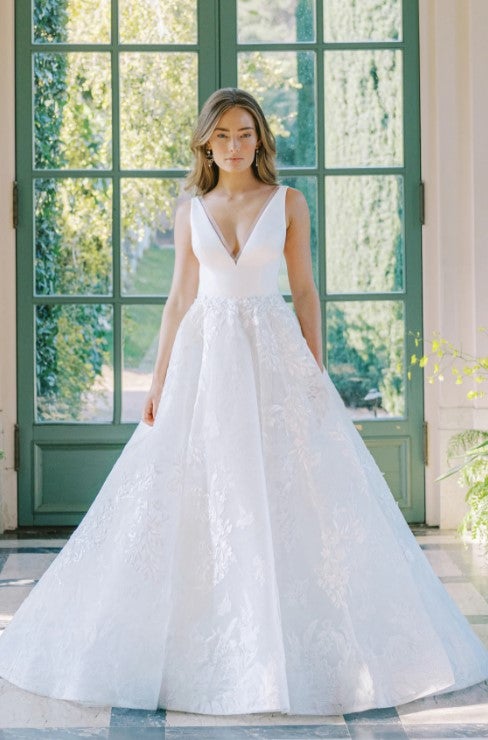Satin V-neck Ball Gown Wedding Dress With Floral Lace Skirt by Anne Barge - Image 1