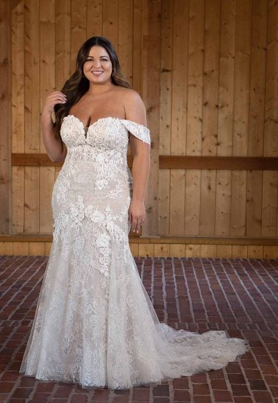 Lace Fit And Flare Off The Shoulder Wedding Dress by Essense of Australia