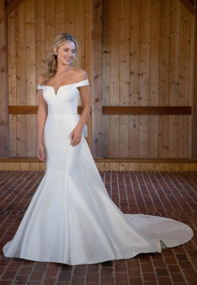 Off The Shoulder Fit And Flare Wedding Dress With Detachable Bow by Essense of Australia