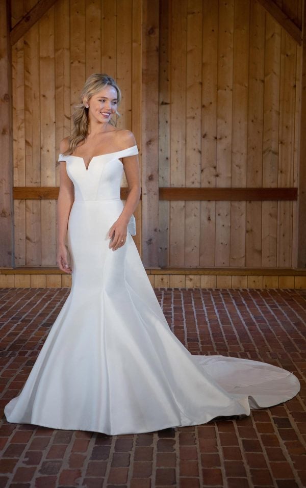Off The Shoulder Fit And Flare Wedding Dress With Detachable Bow by Essense of Australia - Image 1
