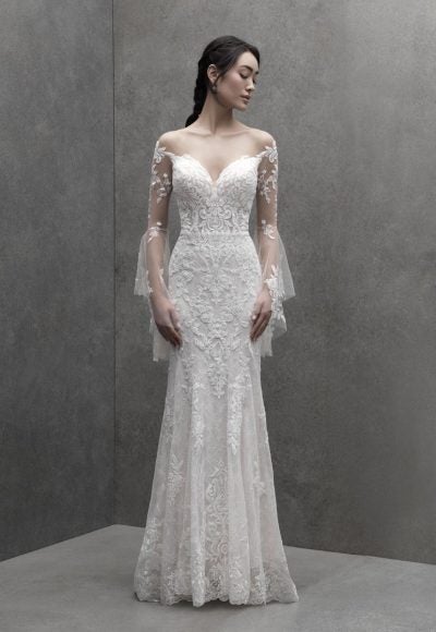 Fit And Flare Wedding Dress With Illusion Long Sleeves And Open Back by Madison James