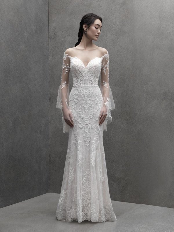 Fit And Flare Wedding Dress With Illusion Long Sleeves And Open Back by Madison James - Image 1