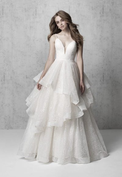 Spaghetti Strap Ballgown With Back Bow And Tiered Skirt by Madison James