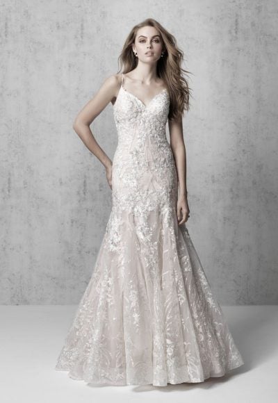 Spaghetti Strap Fit And Flare Wedding Dress With Floral And Beaded Embroidery by Madison James