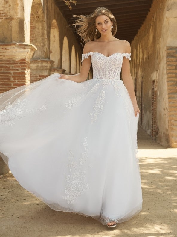 Off The Shoulder Ball Gown Wedding Dress With Floral Lace Applique by Maggie Sottero - Image 1