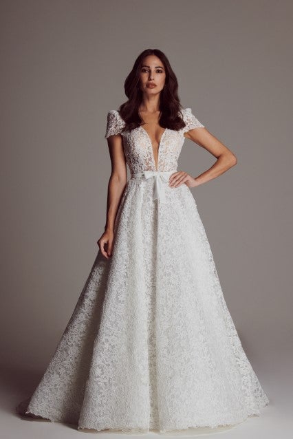 Lace A-line Wedding Dress With Cap Sleeves by Maison Signore - Image 1