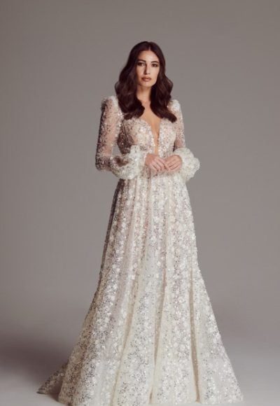 Long Sleeve A-line Sequin Wedding Dress With Open Back by Maison Signore