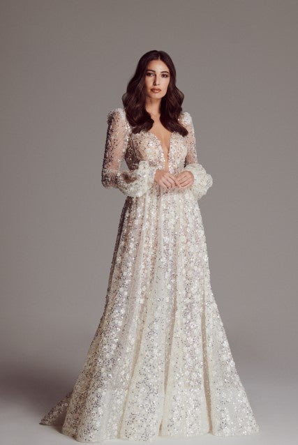Long Sleeve A-line Sequin Wedding Dress With Open Back by Maison Signore - Image 1