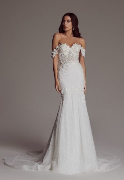Off The Shoulder Fit And Flare Wedding Dress With Lace Embroidery by Maison Signore