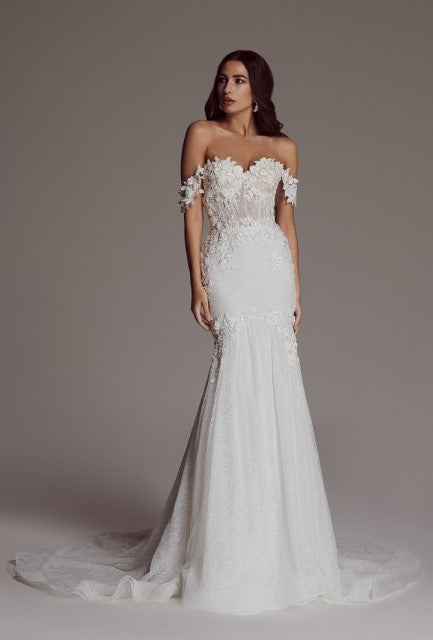 Off The Shoulder Fit And Flare Wedding Dress With Lace Embroidery by Maison Signore - Image 1