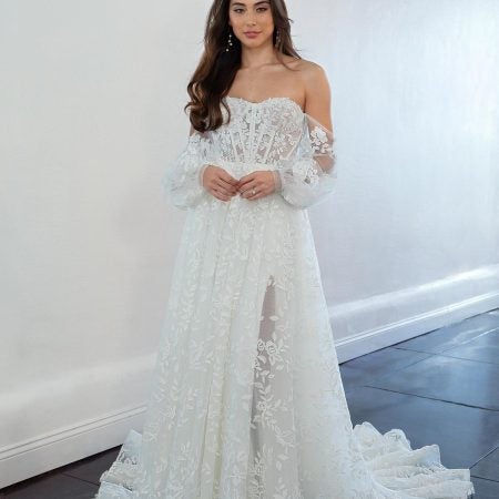 A-line Wedding Dress With Detachable Off The Shoulder Long Sleeves ...