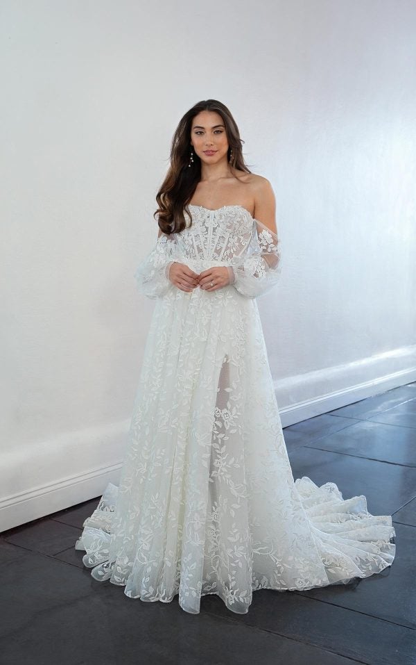 A-line Wedding Dress With Detachable Off The Shoulder Long Sleeves by Martina Liana - Image 1