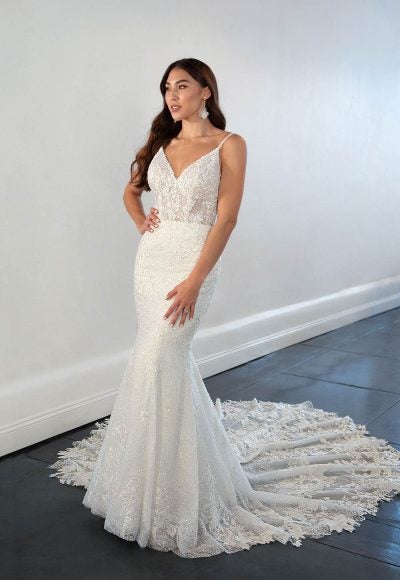 Lace Fit And Flare Wedding Dress With Spaghetti Straps And Back Detail by Martina Liana