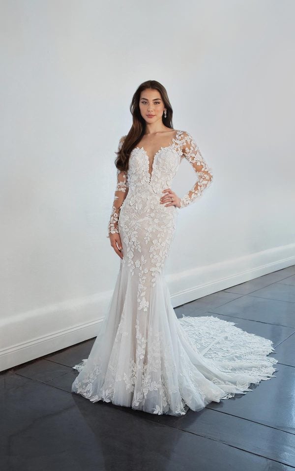 Long Sleeve Lace Sheath Wedding Dress by Martina Liana - Image 1