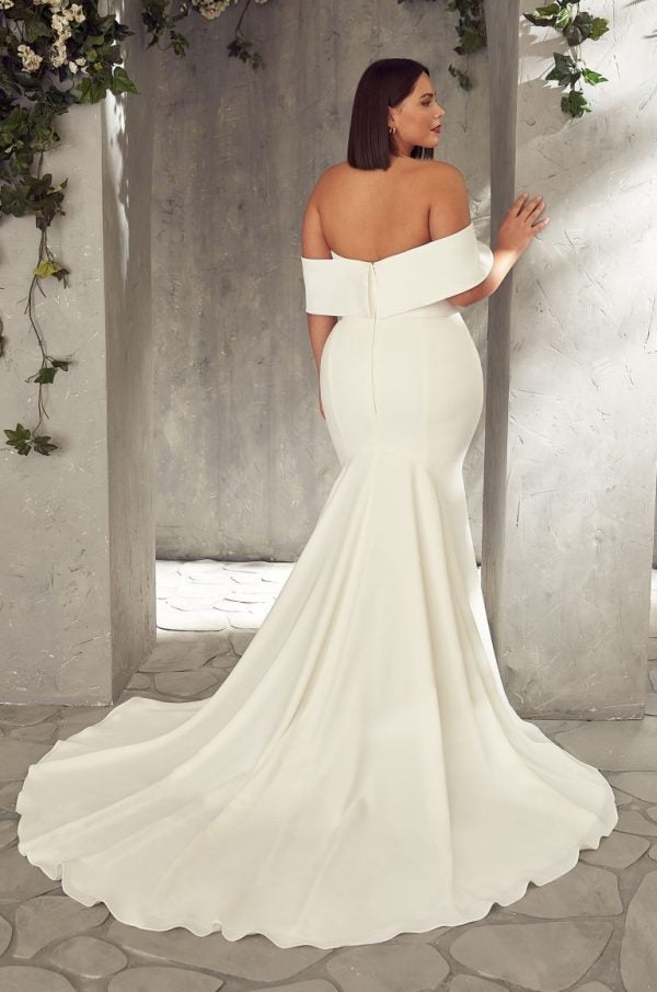 Crepe Off The Shoulder Fit And Flare Wedding Dress by Mikaella - Image 2