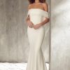 Crepe Off The Shoulder Fit And Flare Wedding Dress by Mikaella - Image 1