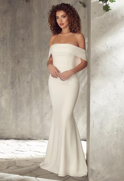 Crepe Off The Shoulder Fit And Flare Wedding Dress by Mikaella
