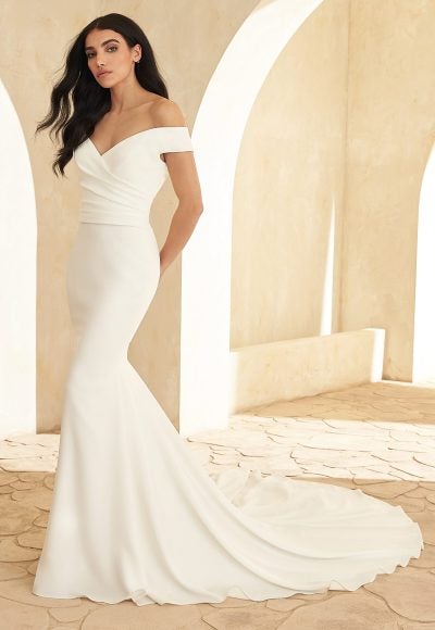 Classic Off The Shoulder Fit And Flare Wedding Dress by Paloma Blanca