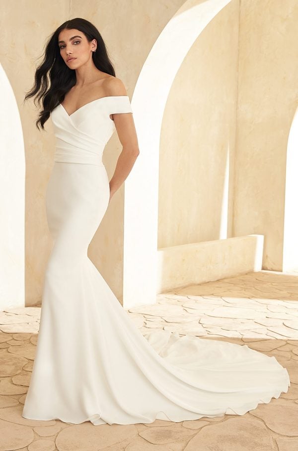 Classic Off The Shoulder Fit And Flare Wedding Dress by Paloma Blanca - Image 1