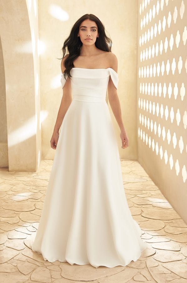 Crepe Off The Shoulder A-line Wedding Dress by Paloma Blanca - Image 1
