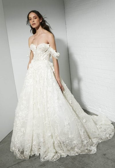 Off The Shoulder Ball Gown Wedding Dress With Lace Embroidery by Rivini
