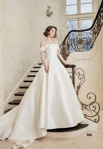 Off The Shoulder Mikado Ball Gown Wedding Dress With Lace Edge by Sareh Nouri
