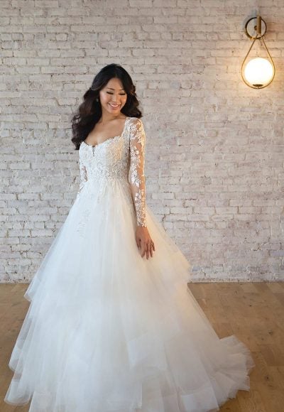 Lace Long Sleeve Ballgown Wedding Dress With Tired Tulle Skirt by Stella York