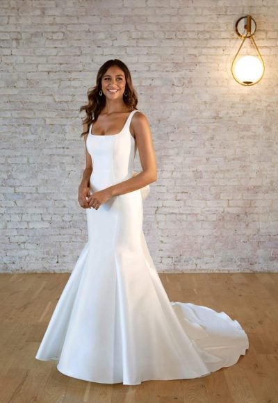 Straight Neckline Fit And Flare Wedding Dress With Back Bow Detail by Stella York