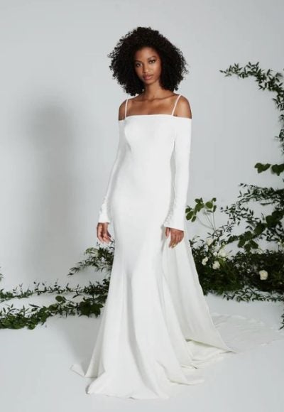 Long Sleeve Off The Shoulder Fit And Flare Wedding Dress by Theia Bridal