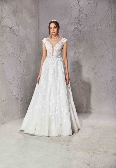 Embroidered A-line Wedding Dress With Cap Sleeves And Open Back by Tony Ward