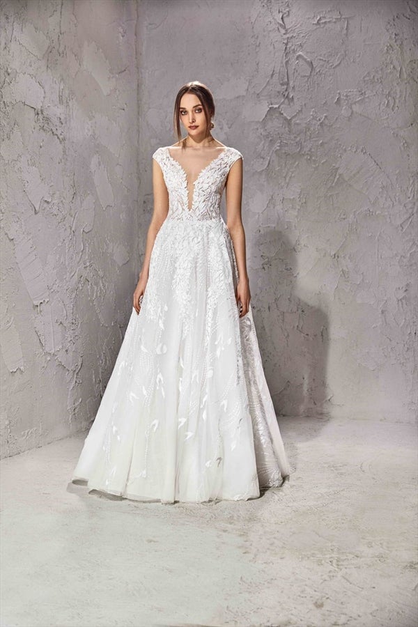 Embroidered A-line Wedding Dress With Cap Sleeves And Open Back by Tony Ward - Image 1