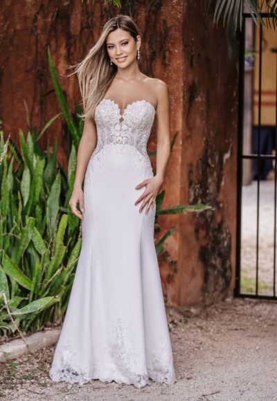 Strapless Sheath Wedding Dress With Beaded Lace Bodice And Crepe Skirt by Allure Bridals
