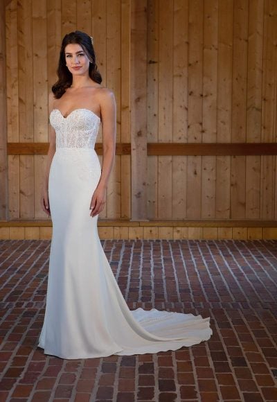 Fit And Flare Wedding Dress With Lace Corset Bodice And Crepe Skirt by Essense of Australia