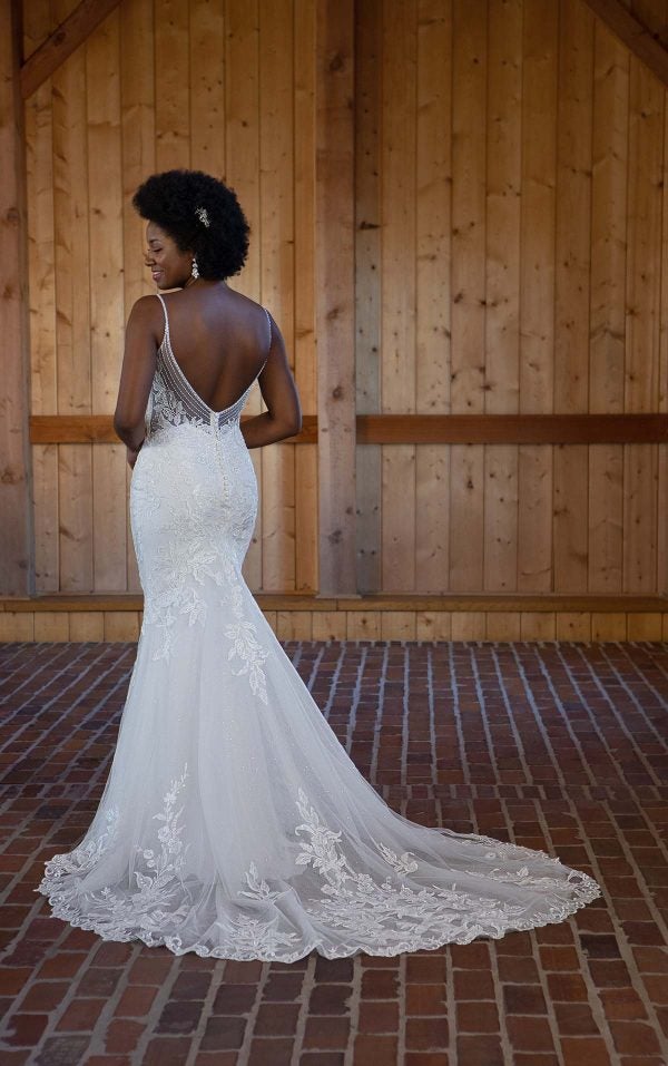 Lace Fit And Flare Wedding Dress With Spaghetti Straps And Illusion Back by Essense of Australia - Image 2