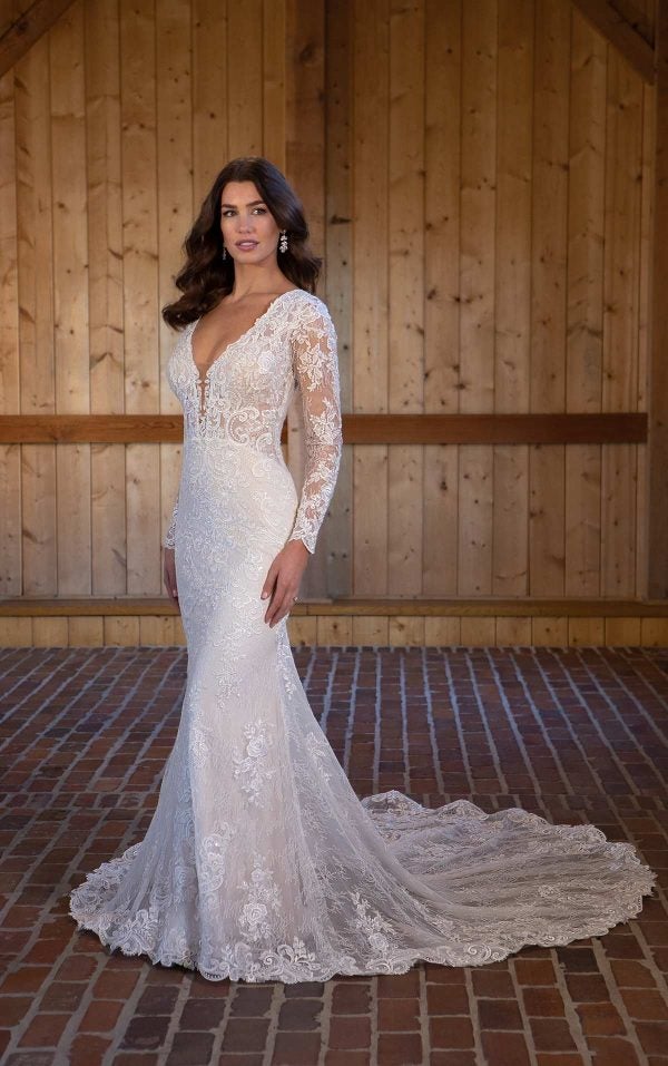 Long Sleeve Lace Fit And Flare Wedding Dress by Essense of Australia - Image 1