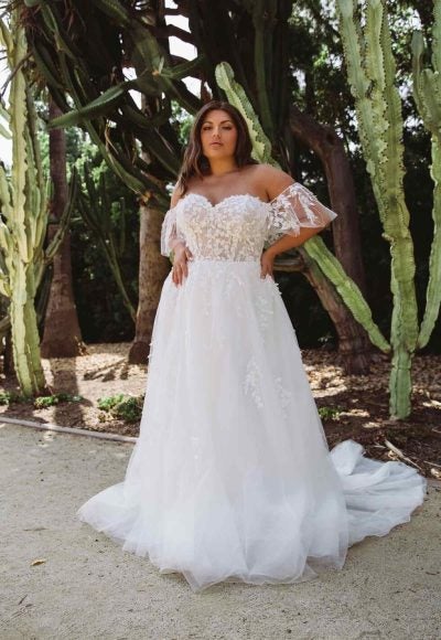 Romantic A-line Wedding Dress With Off The Shoulder Sleeves by Essense of Australia