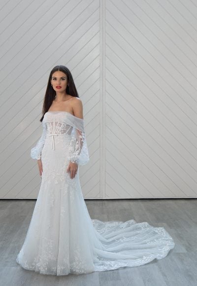 Fit And Flare Wedding Dress With Off The Shoulder Long Sleeves by Martina Liana Luxe