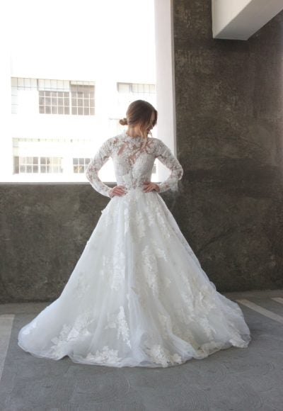 High Neck Lace Ballgown Wedding Dress With Long Sleeves by Martina Liana Luxe
