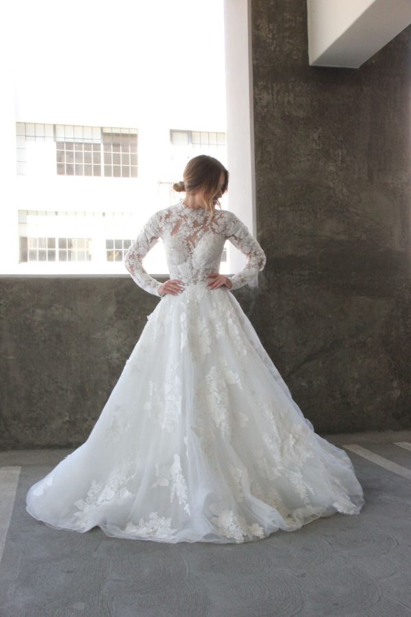 High Neck Lace Ballgown Wedding Dress With Long Sleeves by Martina Liana Luxe - Image 1