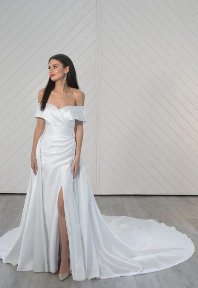 Modern Fit And Flare Wedding Dress With Off The Shoulder Straps And Detachable Skirt by Martina Liana Luxe