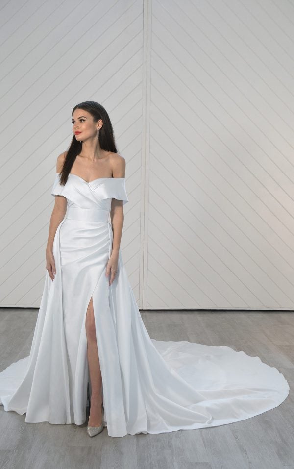Modern Fit And Flare Wedding Dress With Off The Shoulder Straps And Detachable Skirt by Martina Liana Luxe - Image 1