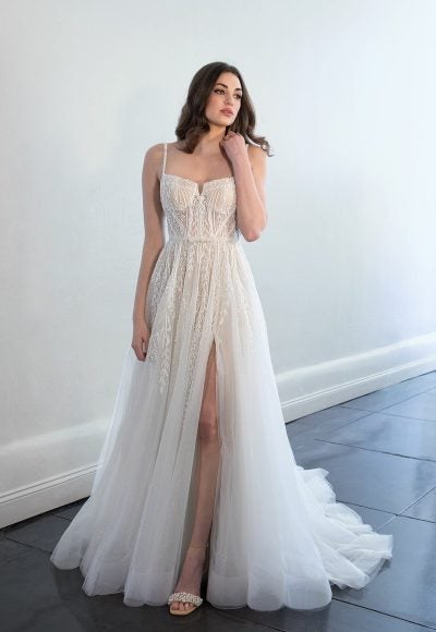 Spaghetti Strap A-line Sparkle Wedding Dress With Tulle Skirt by Martina Liana