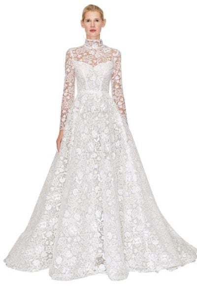 Long Sleeve High-neck Lace Ballgown Wedding Dress by Reem Acra