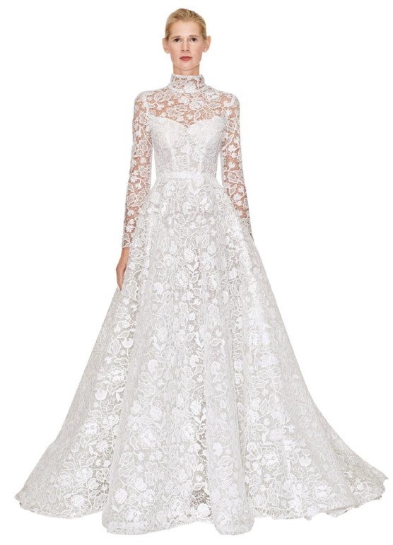 Long Sleeve High-neck Lace Ballgown Wedding Dress by Reem Acra - Image 1