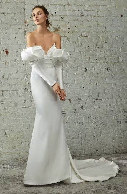 Open Back Sheath Wedding Dress With Detachable Sleeves by Rivini - Image 1