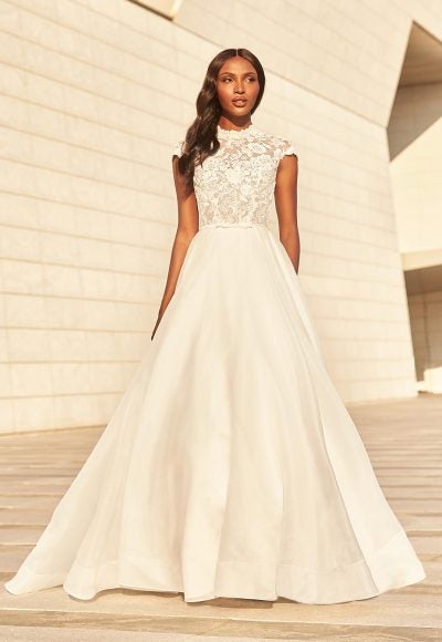 Cap Sleeve High Neckline Ballgown Wedding Dress With Lace Bodice And Full Skirt by Paloma Blanca