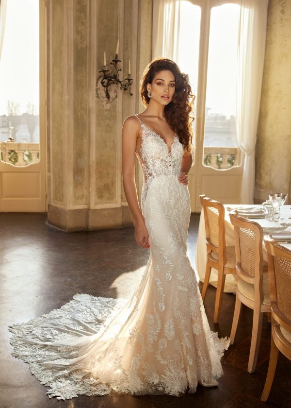 Spaghetti Strap V-neckline Fit And Flare Lace Wedding Dress With Back Details by Randy Fenoli - Image 1